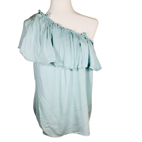 Hinge One-Shoulder Ruffle Light Blue Top, Women's Size Large - Picture 1 of 4